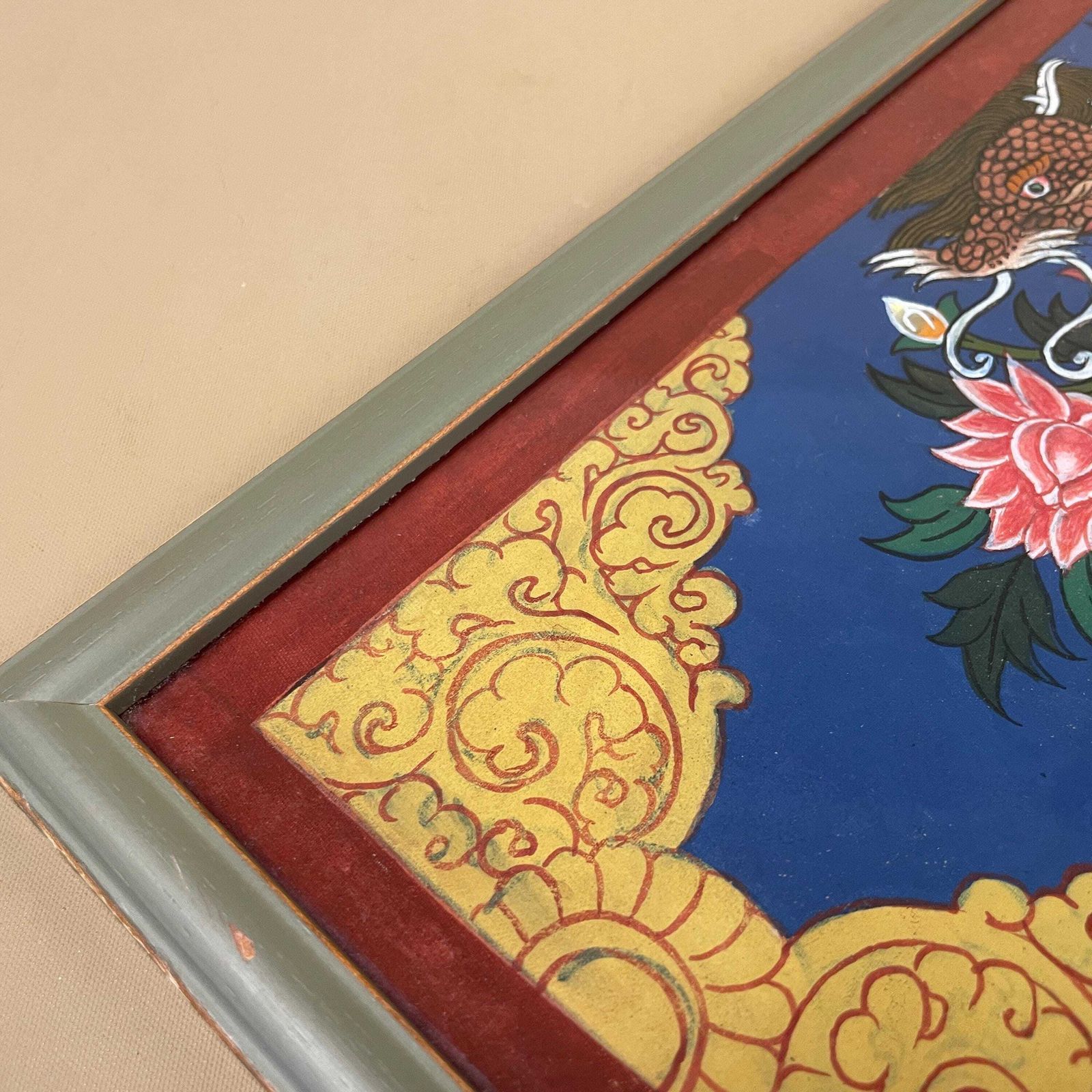 photo furniture Hand Painted Dragon Picture Framed Paper Asian Wall Decor Blue Floral Chinese Style Oriental Art Artwork