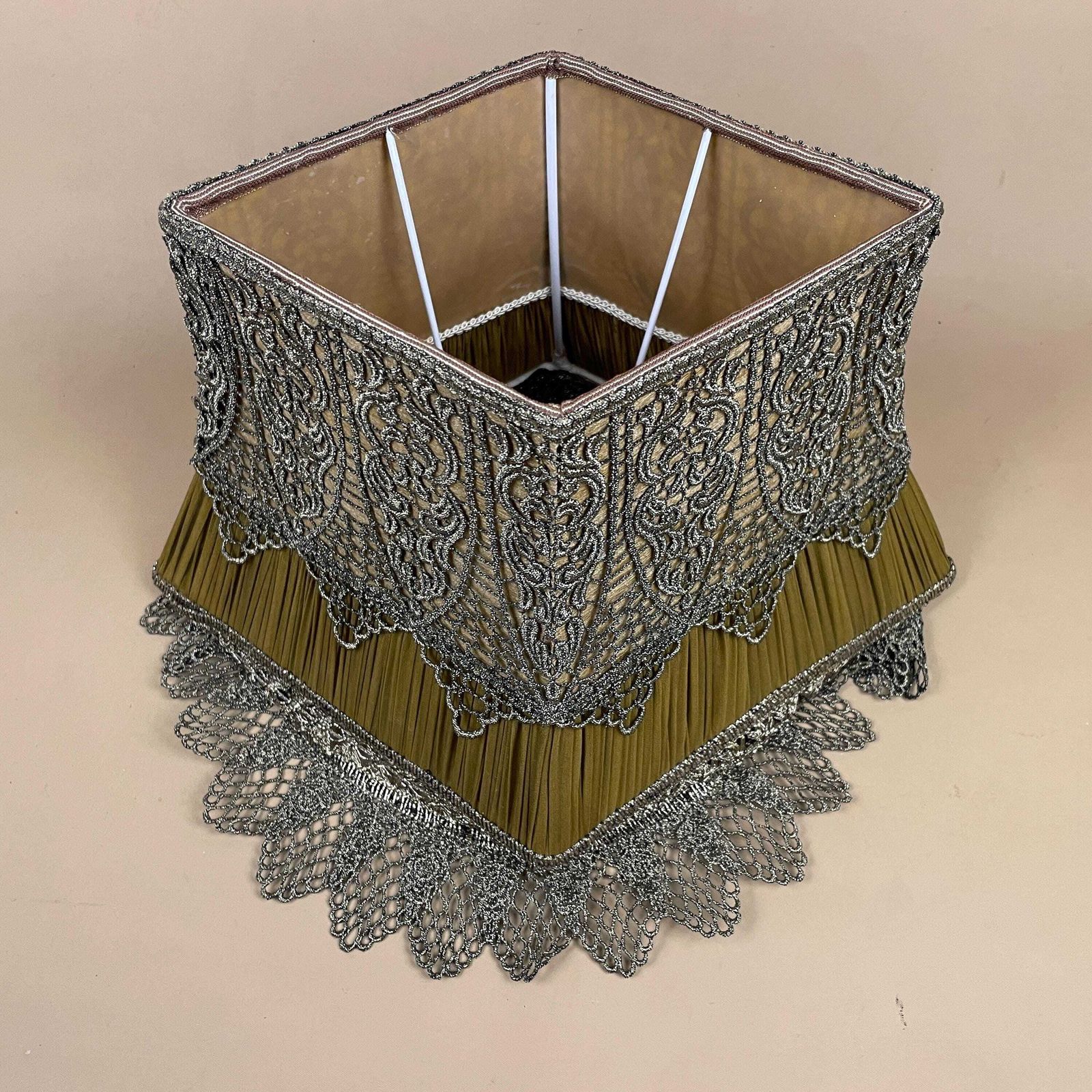 Silk Lampshade Vintage Pleated Table Lamp Shade Green Gold Lace Trim Diamond Shape Decorative Victorian Revival Handmade Shade photo for sale