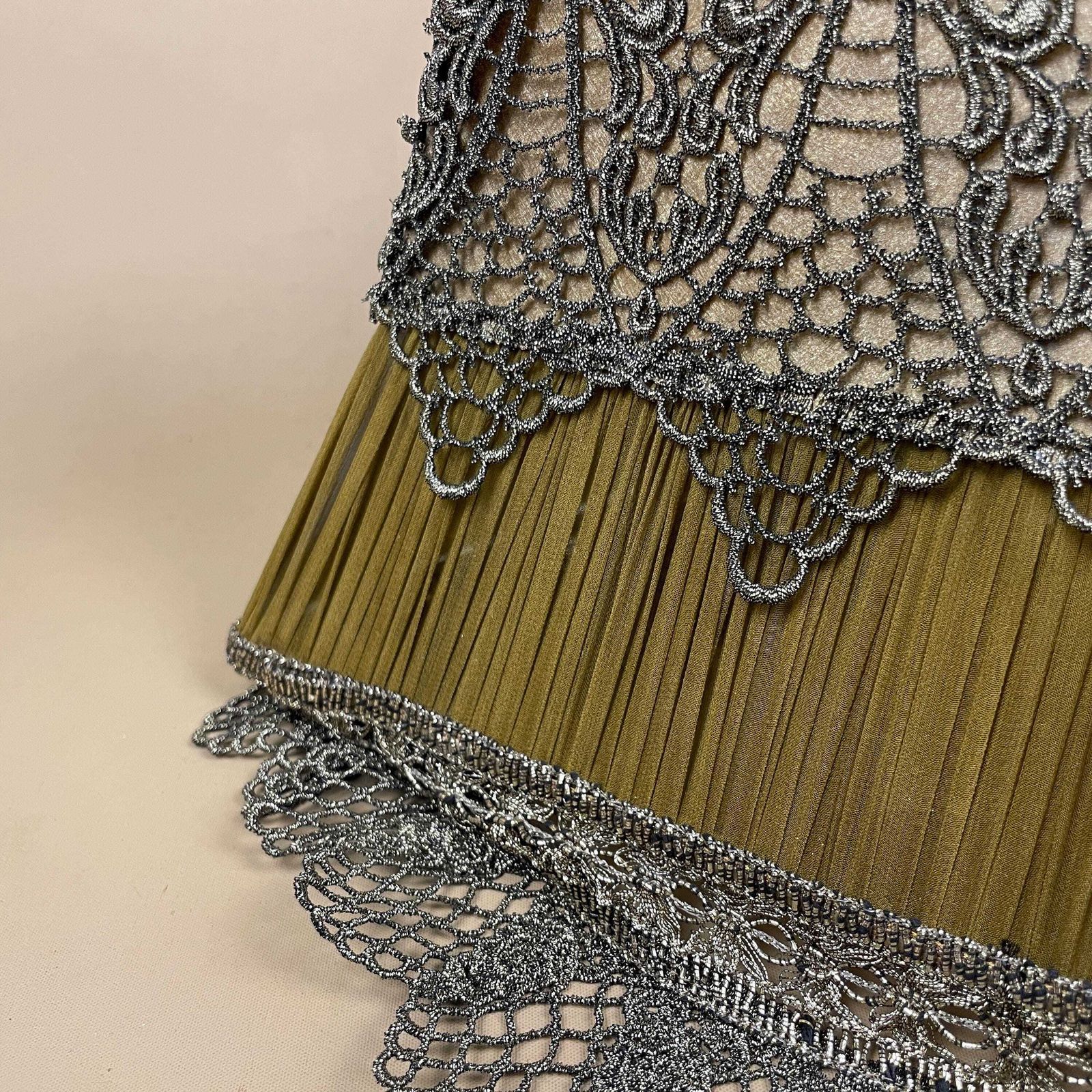 Silk Lampshade Vintage Pleated Table Lamp Shade Green Gold Lace Trim Diamond Shape Decorative Victorian Revival Handmade Shade photo vinterior