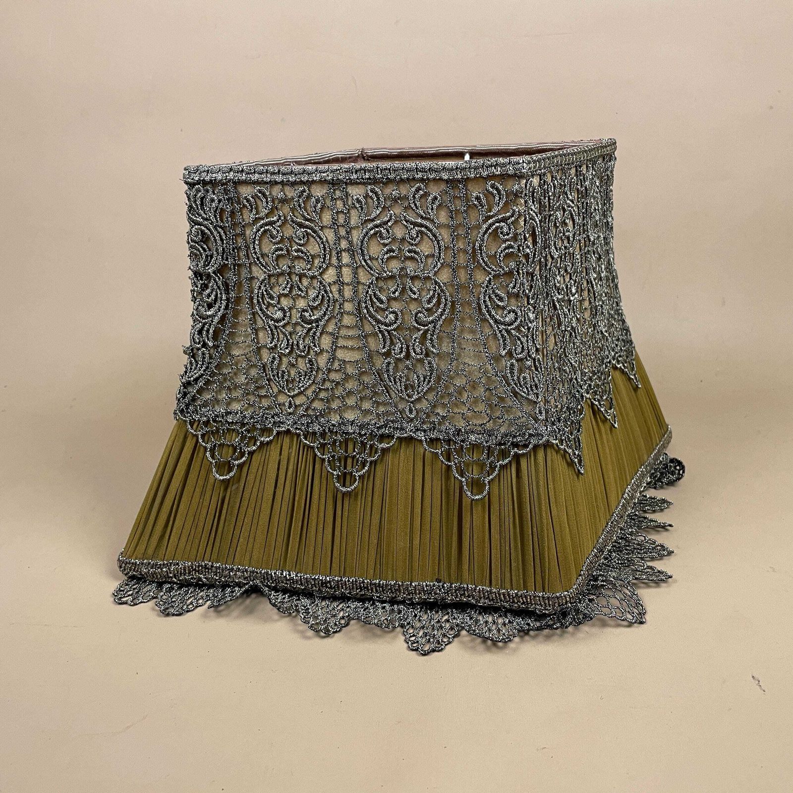 photo buy Silk Lampshade Vintage Pleated Table Lamp Shade Green Gold Lace Trim Diamond Shape Decorative Victorian Revival Handmade Shade