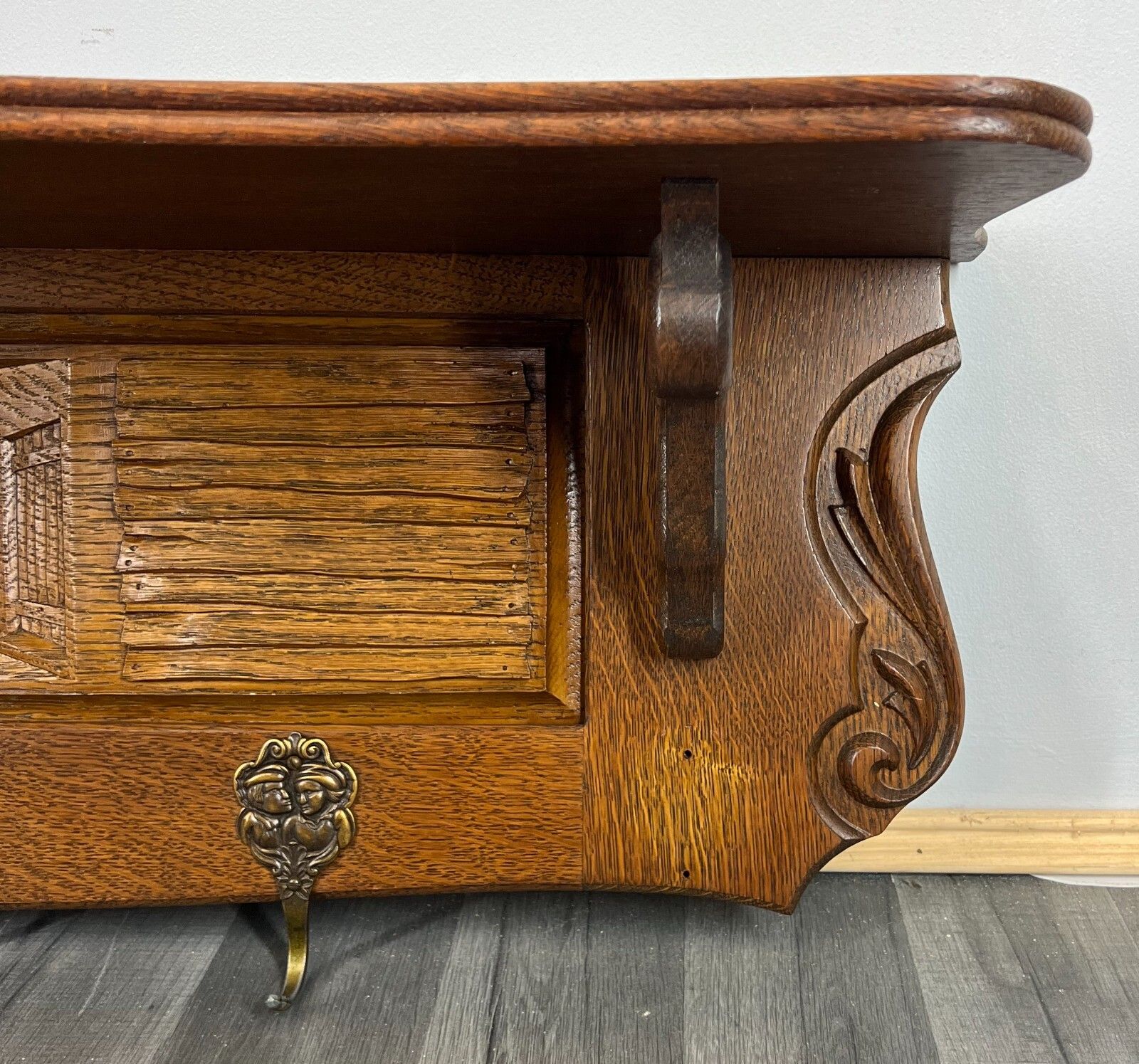 Coat Rack Antique French Carved Oak Wall Mounted 4 Hook Rack Hanger Lot 3108 photo for sale