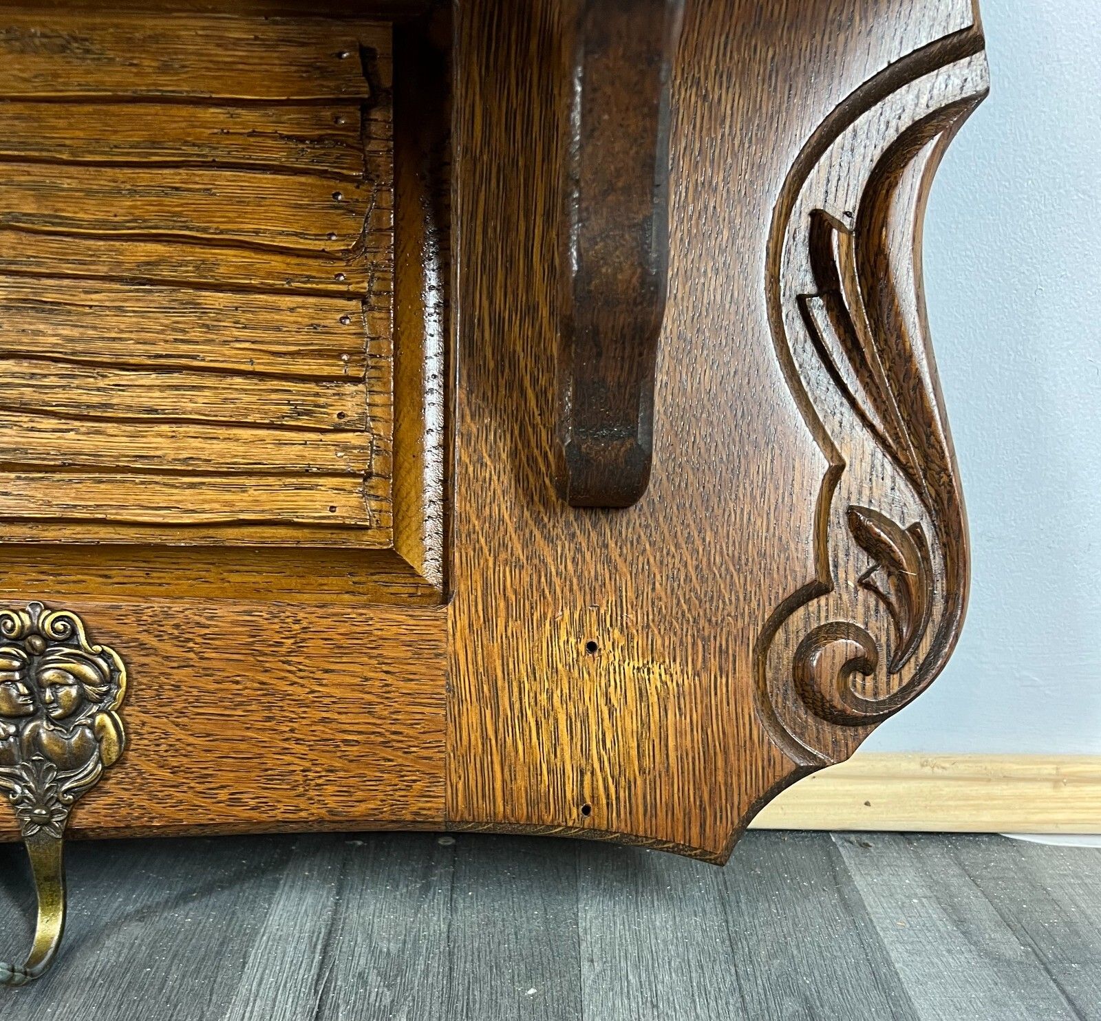 Coat Rack Antique French Carved Oak Wall Mounted 4 Hook Rack Hanger Lot 3108 photo vinterior