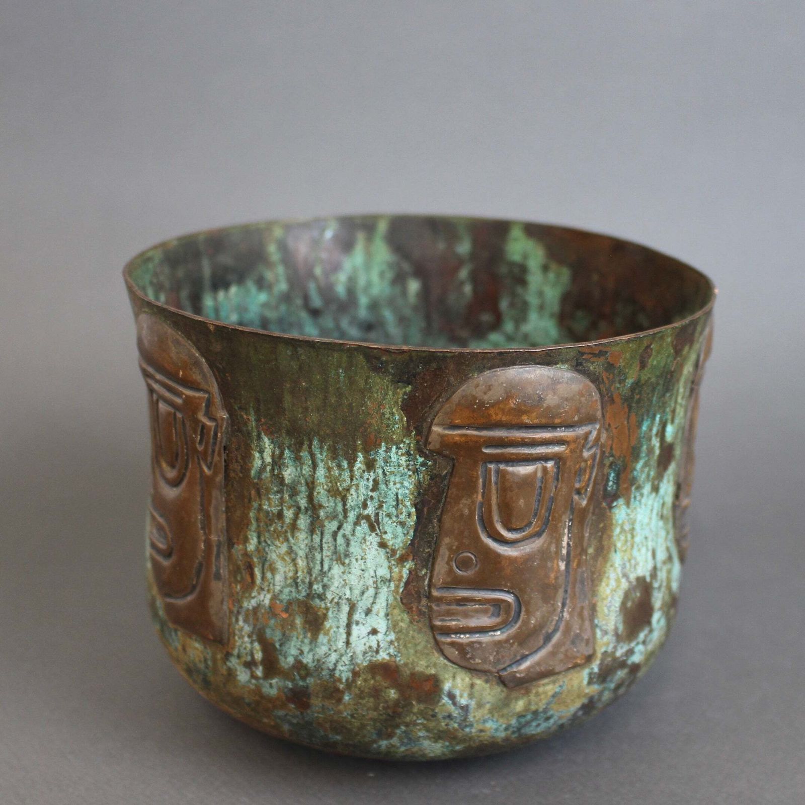 Hammered Copper Cachepot With Ancestral Face Frieze By Graziella Laffi photo Garden Decor