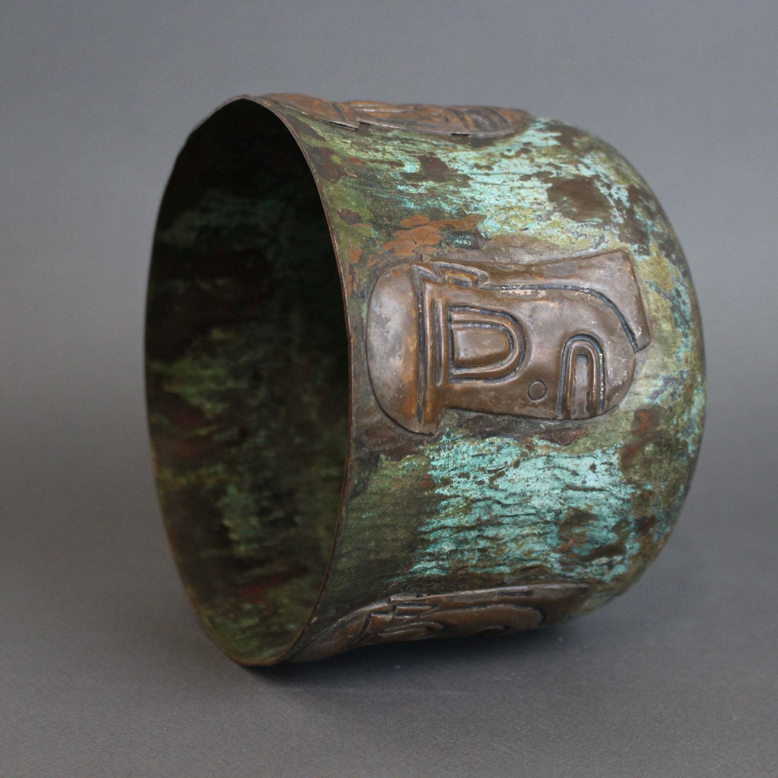 Garden Decor Hammered Copper Cachepot With Ancestral Face Frieze By Graziella Laffi photo