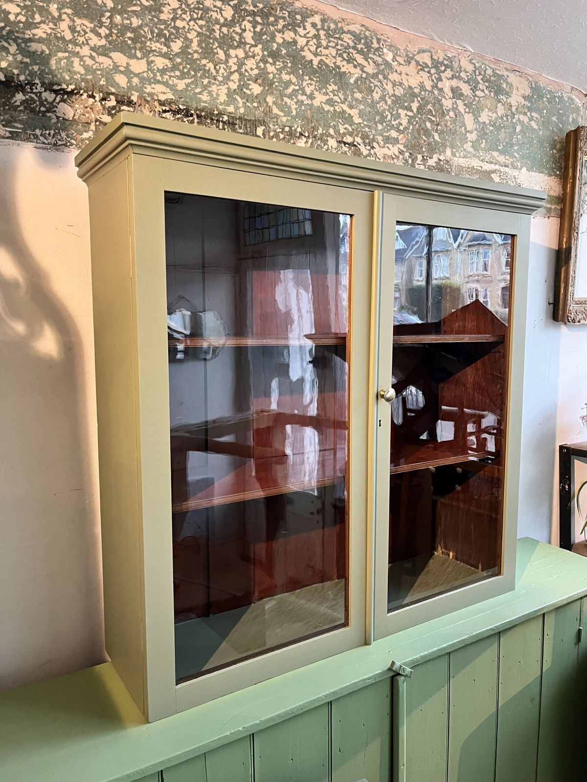 photo furniture Victorian Green Painted Wall Cabinet With Glass Doors