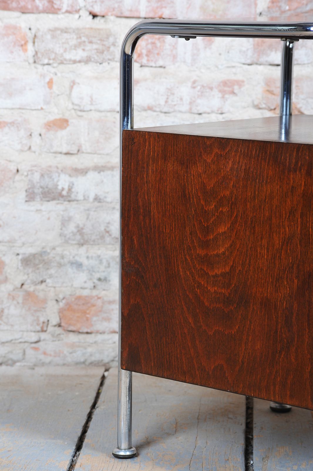 photo furniture Pair Of Restored Bauhaus Bedside Tables, Beech, Maple, Chrome, Czech, 1930s