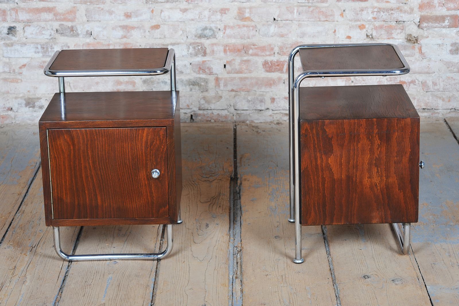 Furniture Pair Of Restored Bauhaus Bedside Tables, Beech, Maple, Chrome, Czech, 1930s photo