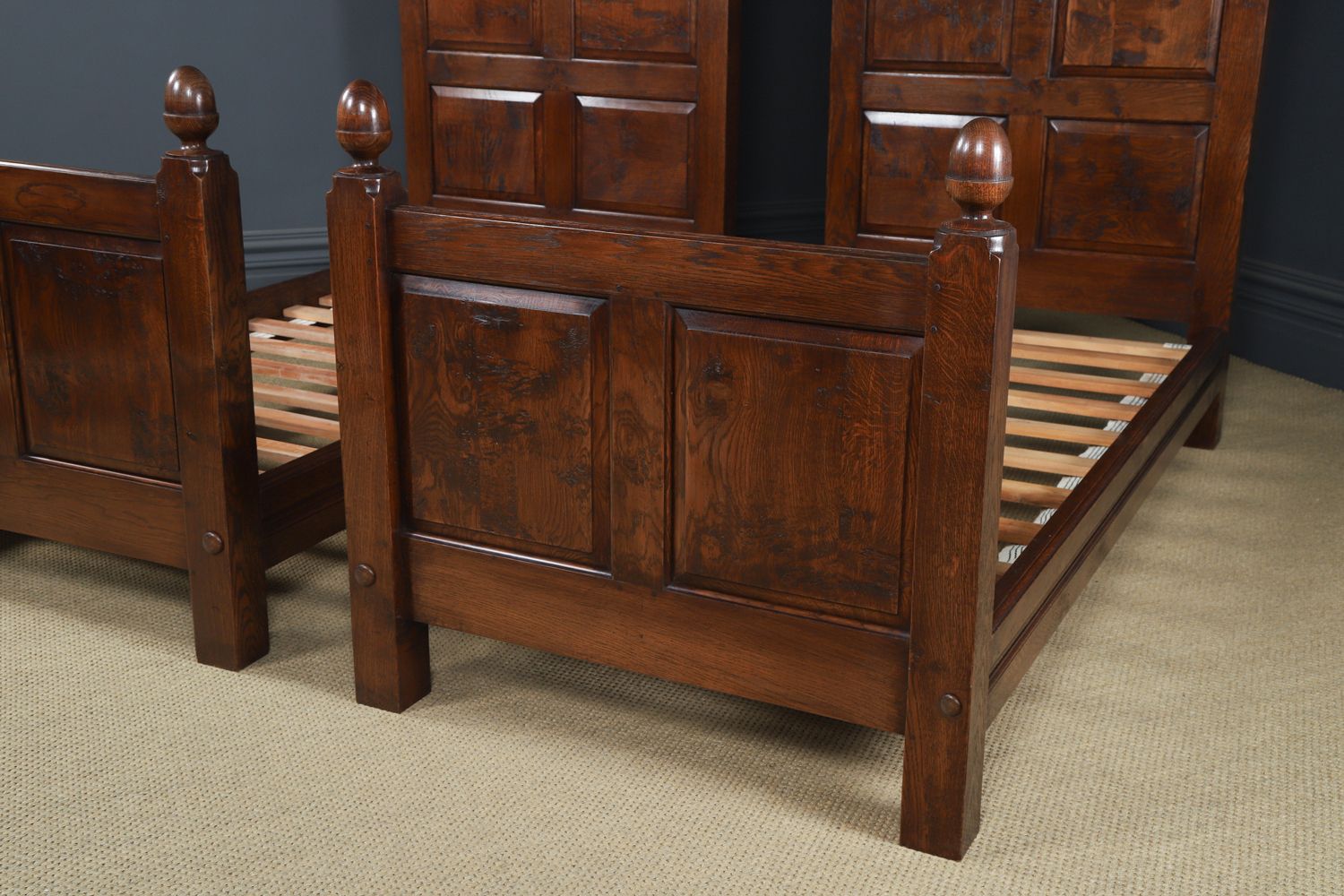 photo for sale English 17th Century Style Pair Of Figured Oak 3ft Single Beds (Circa 1980)