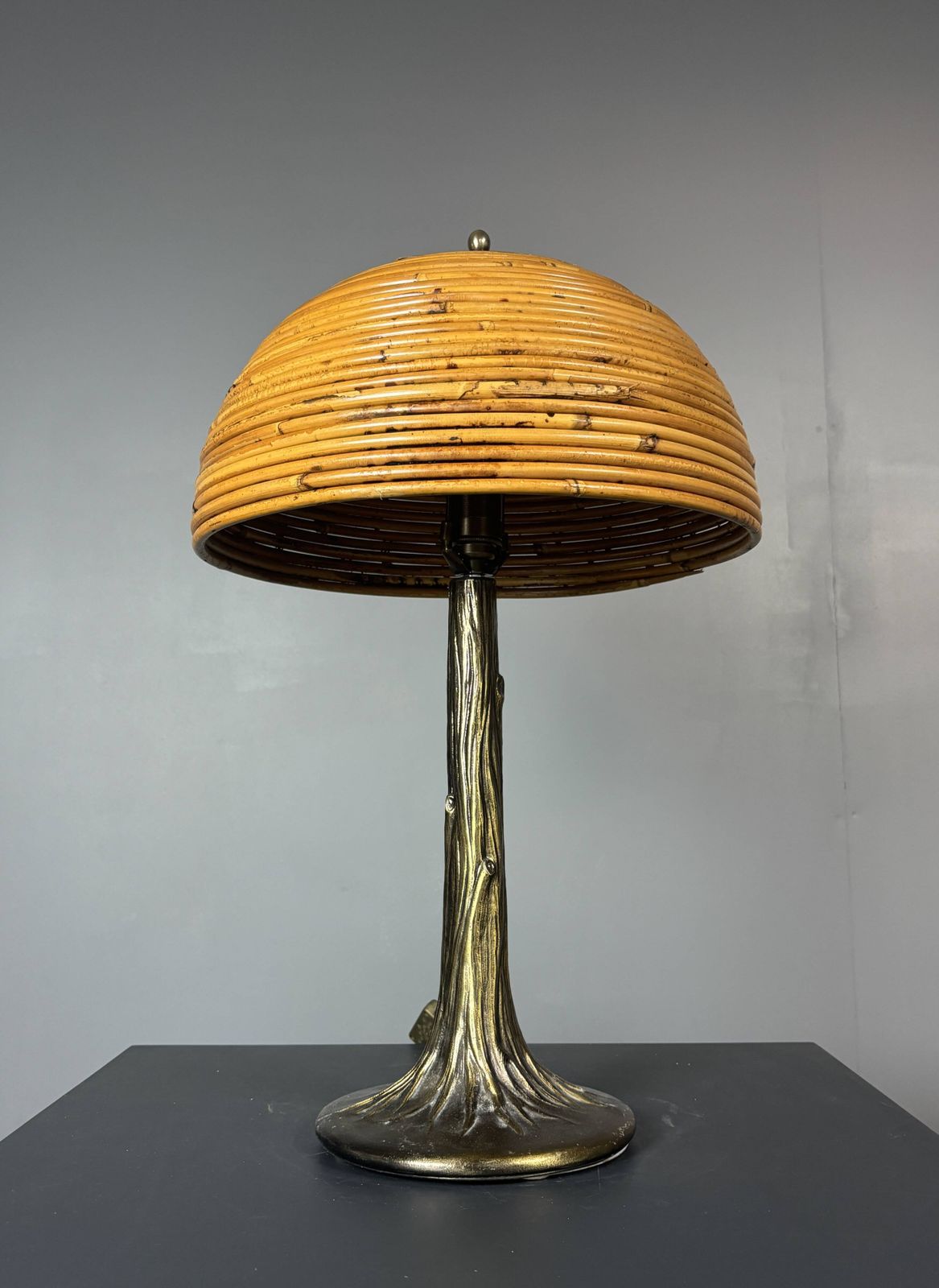 Mid Century Pencil Reed Rattan Bamboo And Brass Table Lamp, 1970s photo for sale