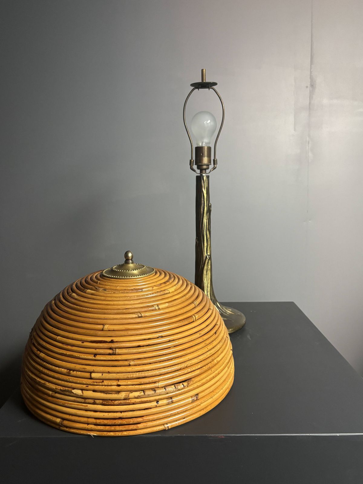 Mid Century Pencil Reed Rattan Bamboo And Brass Table Lamp, 1970s photo 1066.0