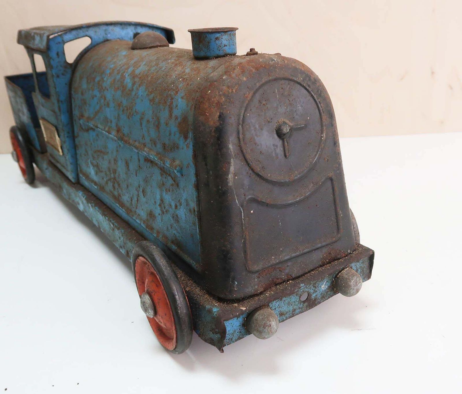 Vintage Pull Along Tinplate Toy Train. English 1950's photo vintage
