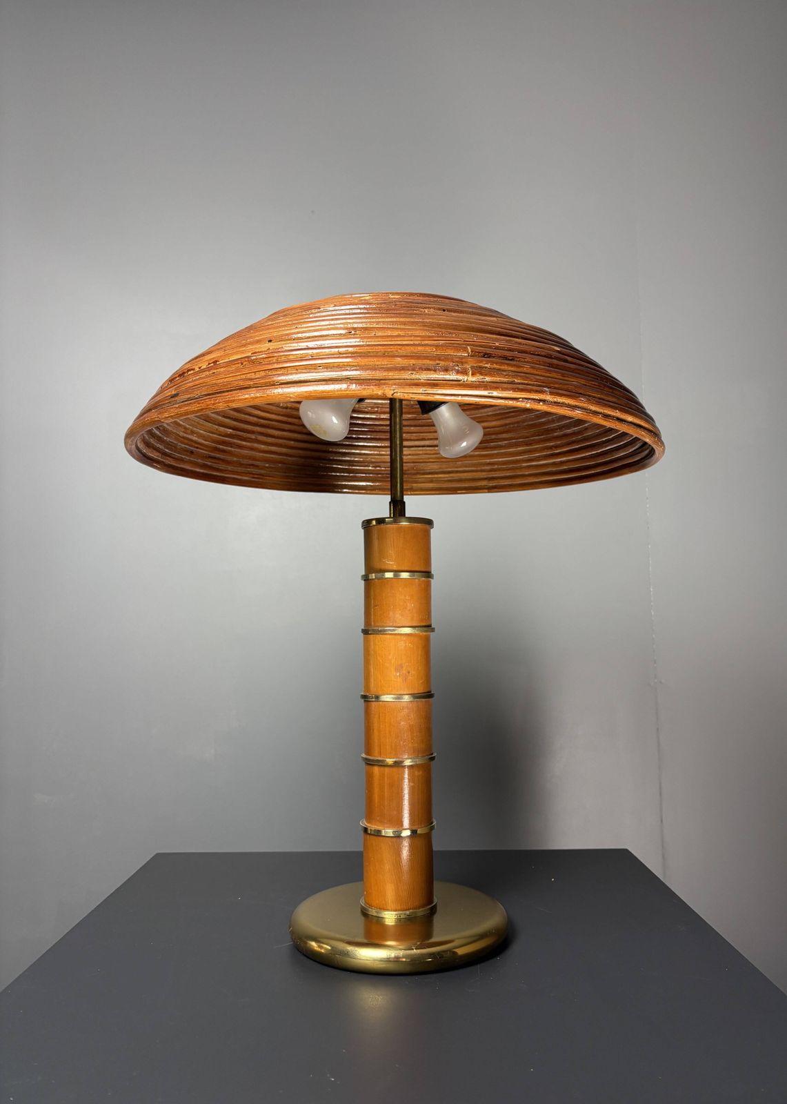 Midcentury Pencil Reed Rattan Bamboo And Brass Table Lamp, 1960s photo for sale