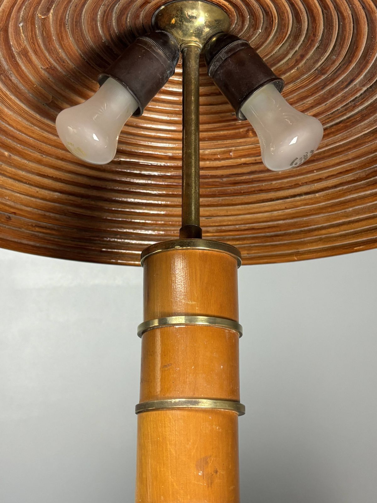 photo for sale Midcentury Pencil Reed Rattan Bamboo And Brass Table Lamp, 1960s