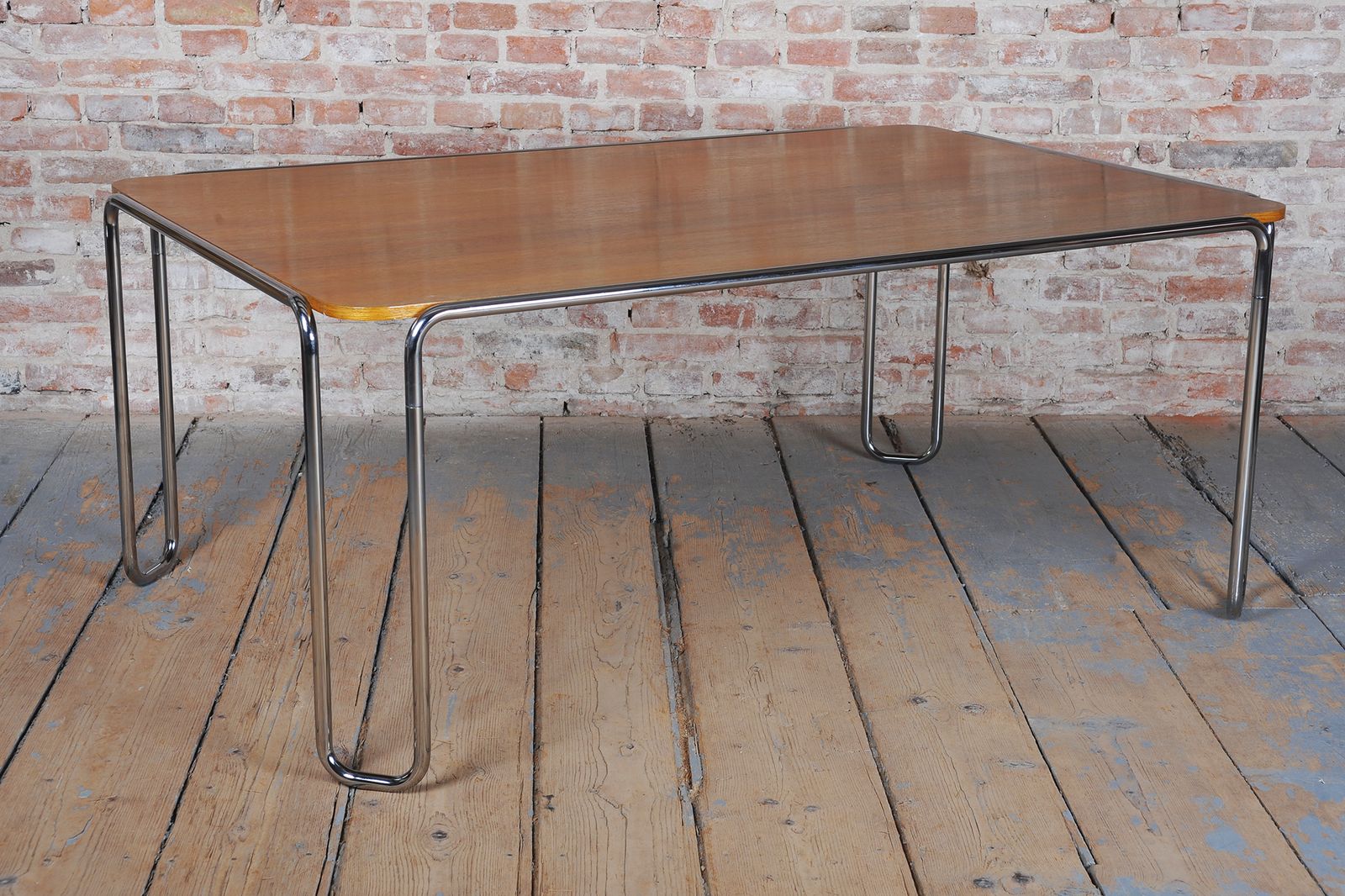 Restored Bauhaus Dining Table, By R. Slezák, Chrome, Polished Oak, Czech, 1930s photo vintage