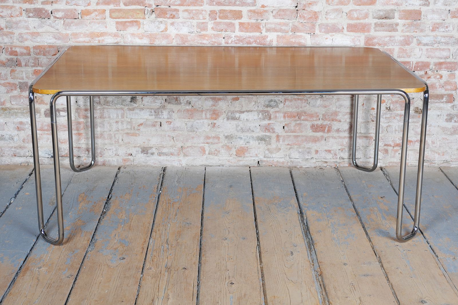 photo vintage Restored Bauhaus Dining Table, By R. Slezák, Chrome, Polished Oak, Czech, 1930s