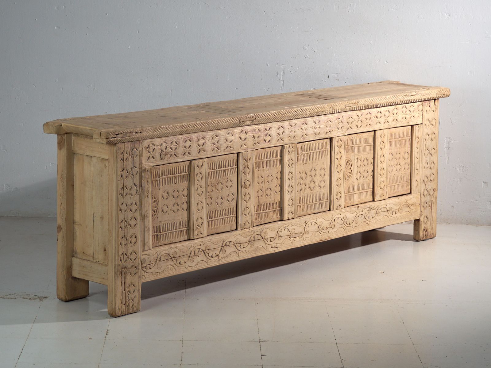 Antique Carved Low Sideboard In Fir Wood – China, Circa 1930