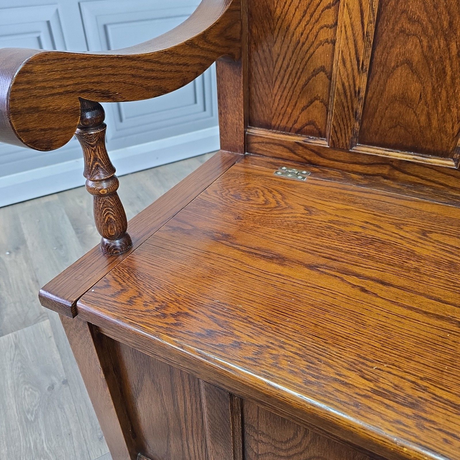 Antique Oak Settle Pew Monks Bench Storage Trunk Box Hall Seat Jacobean Revival photo 470.0