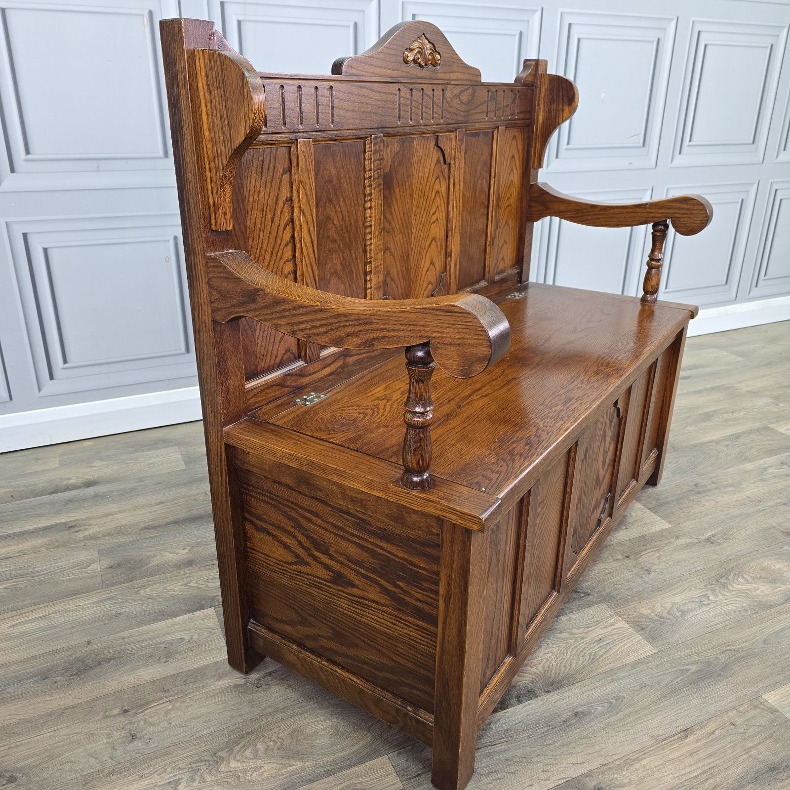 Antique Oak Settle Pew Monks Bench Storage Trunk Box Hall Seat Jacobean Revival photo vintage
