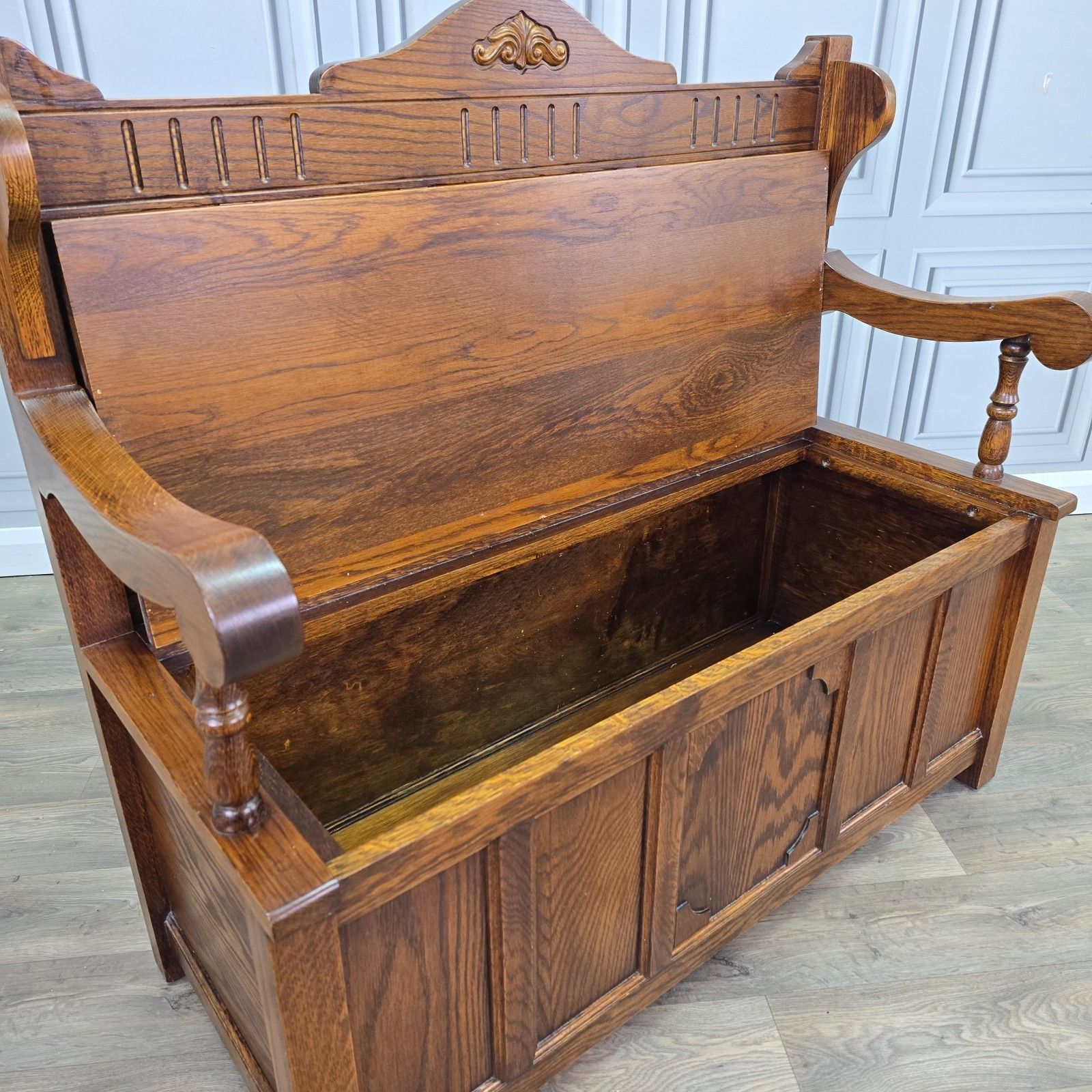 photo furniture Antique Oak Settle Pew Monks Bench Storage Trunk Box Hall Seat Jacobean Revival