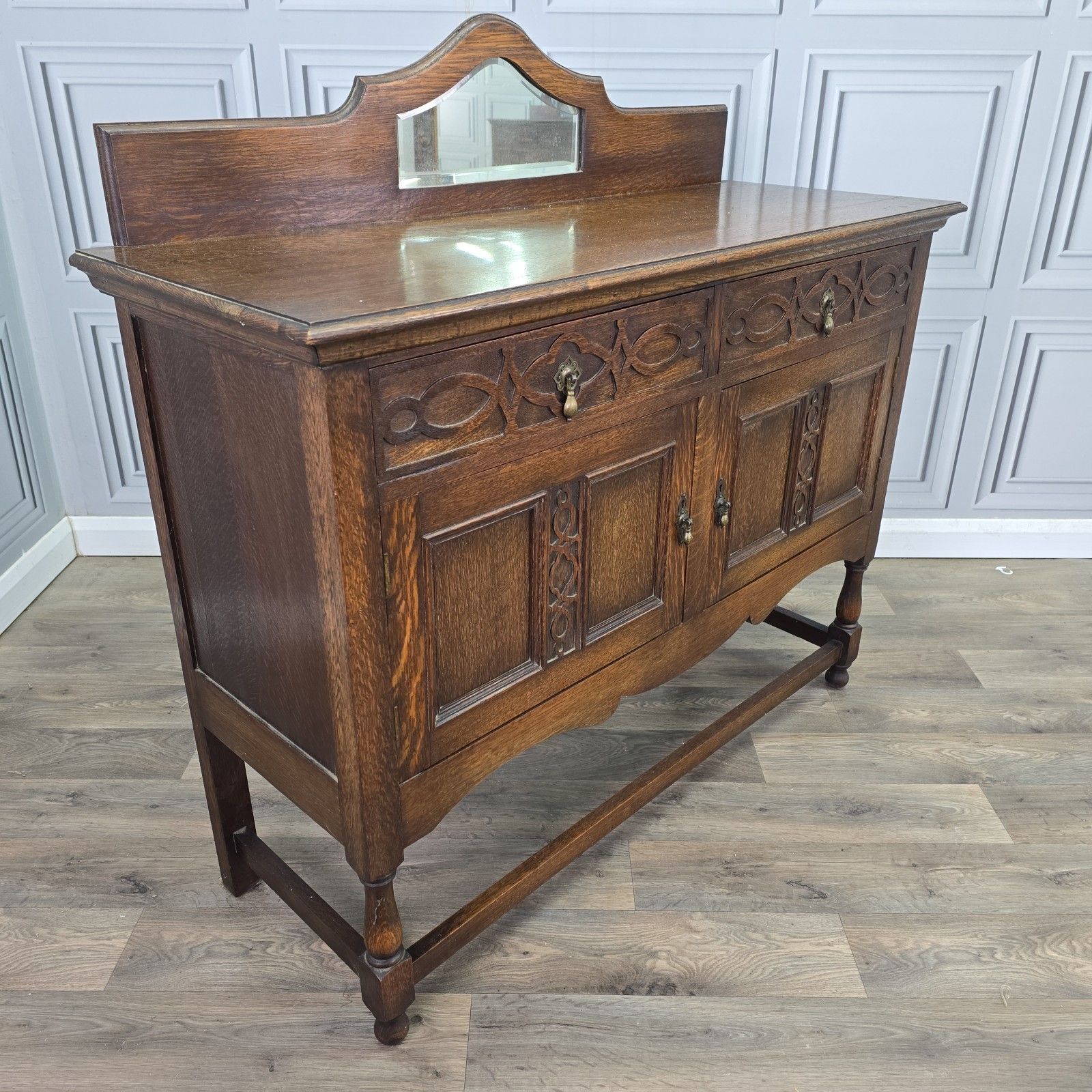 Antique Oak Sideboard Mirror Back Jacobean Revival Buffet Cabinet  Wood Cupboard photo furniture