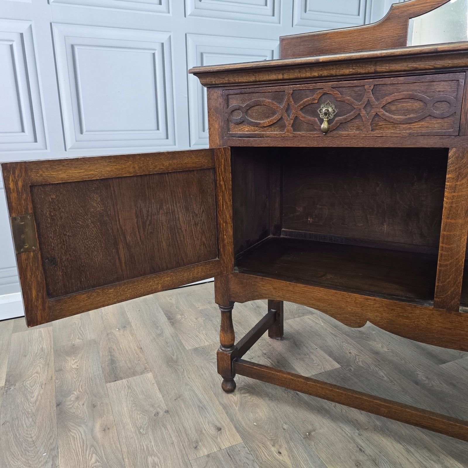 photo vinterior Antique Oak Sideboard Mirror Back Jacobean Revival Buffet Cabinet  Wood Cupboard