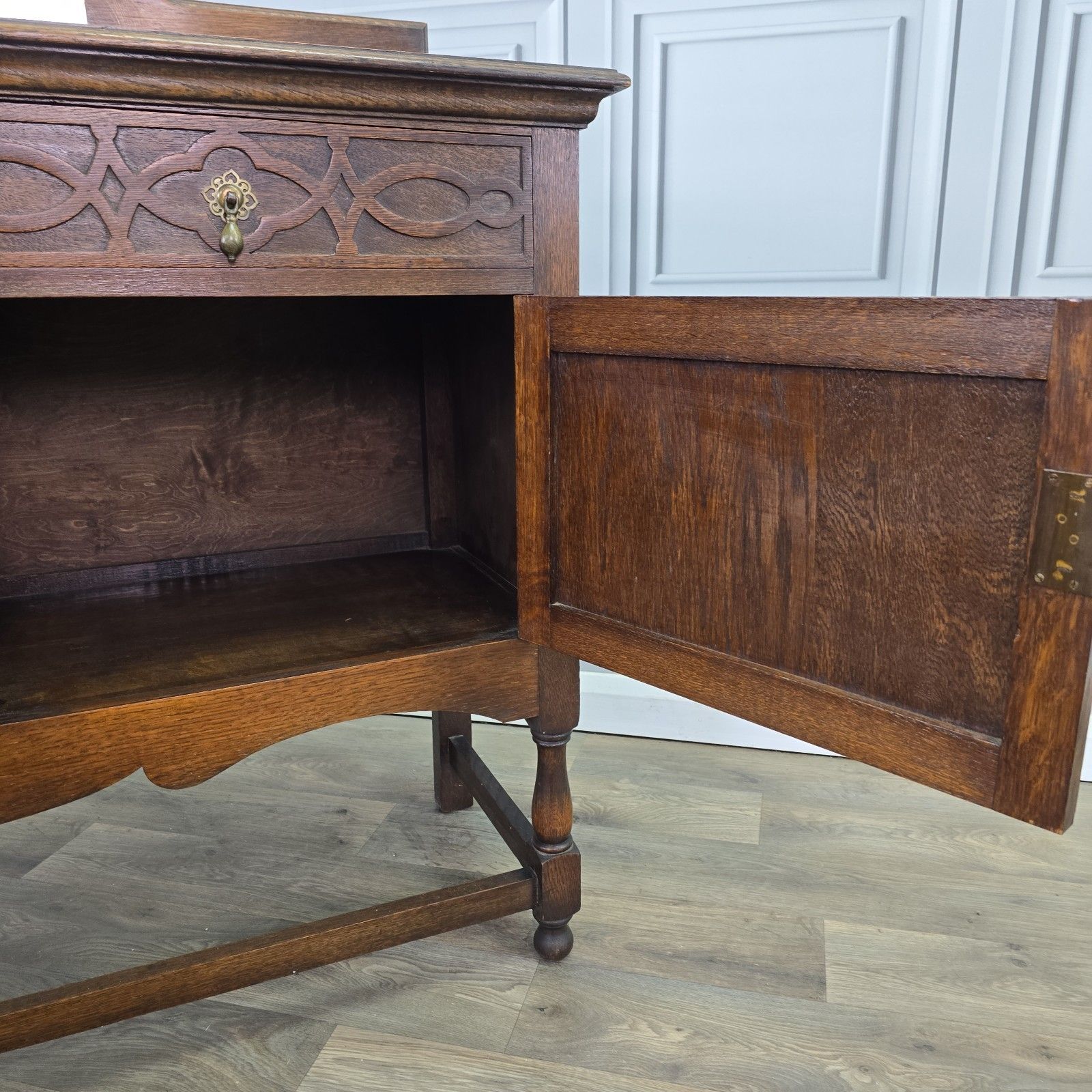 photo buy Antique Oak Sideboard Mirror Back Jacobean Revival Buffet Cabinet  Wood Cupboard