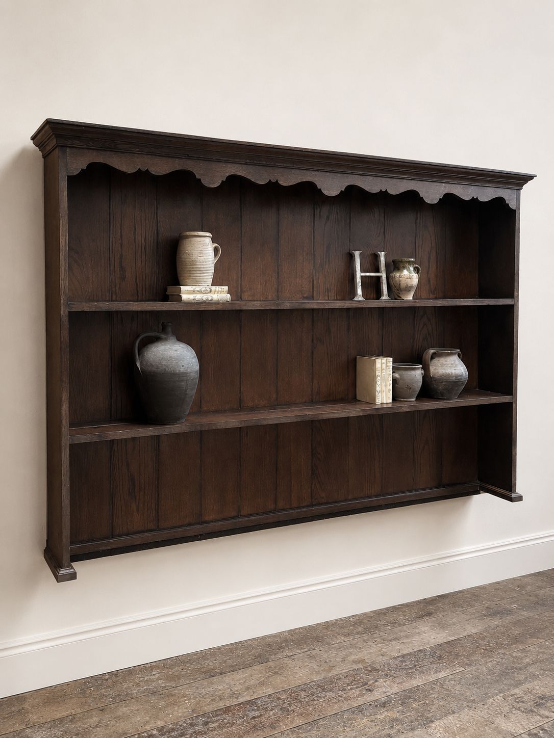 Large Antique Solid Oak Wall Mounted Shelving Unit