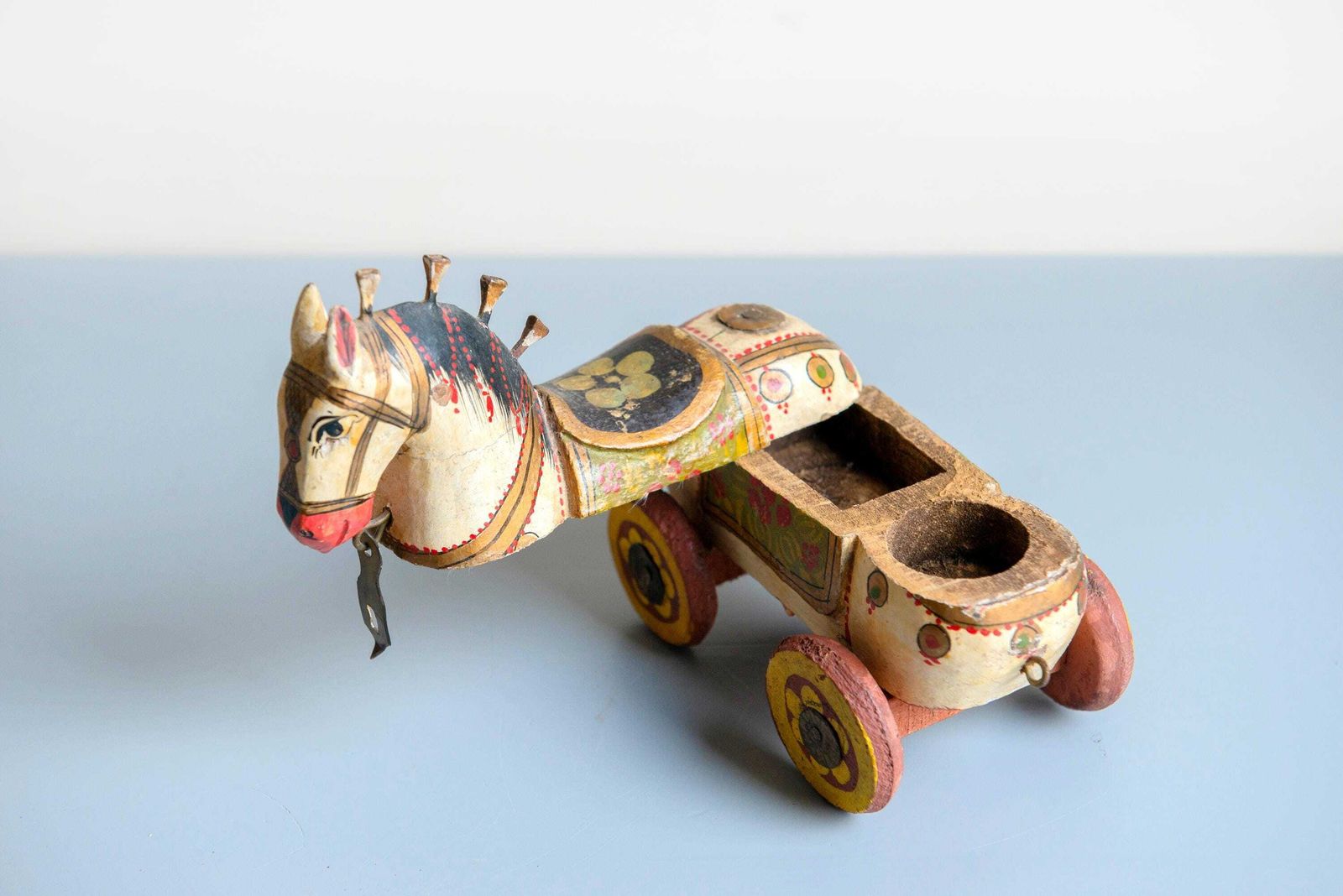 181.0 Antique Indian Wooden Horse Box On Wheels   Hand Painted Rajasthani Folk Art Trinket Box photo