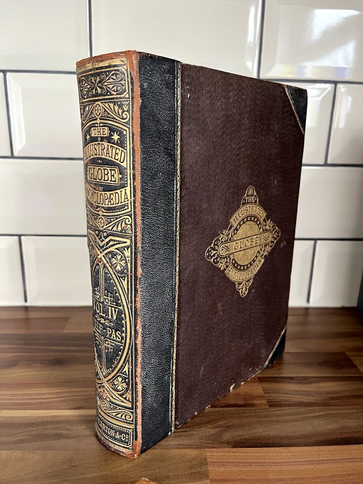 Antique Victorian Decorative Book 1881 Gilt Leather Globe Encyclopaedia Vol IV 4 photo vinterior