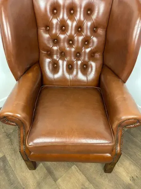 Tan Leather Chesterfield Style Wingback Armchair photo for sale
