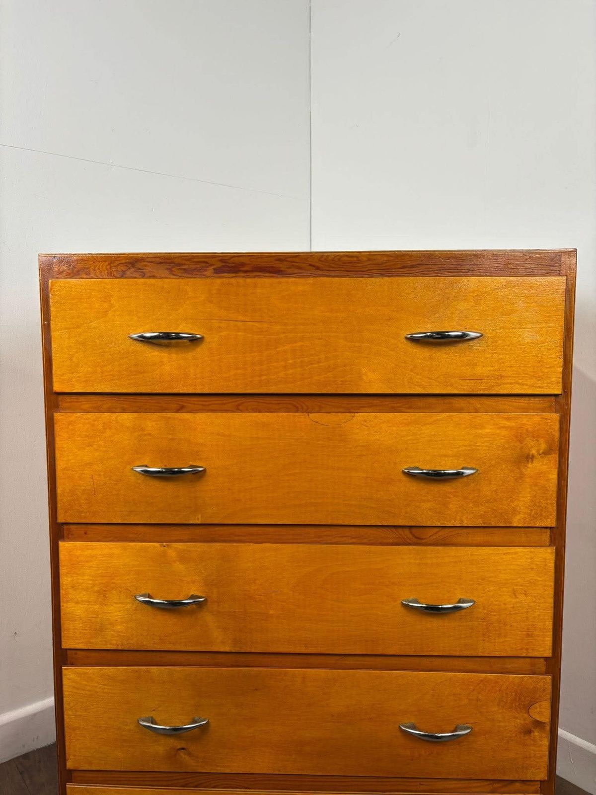 Mid Century Oak Veneer Five Drawer Bedroom Chest photo for sale