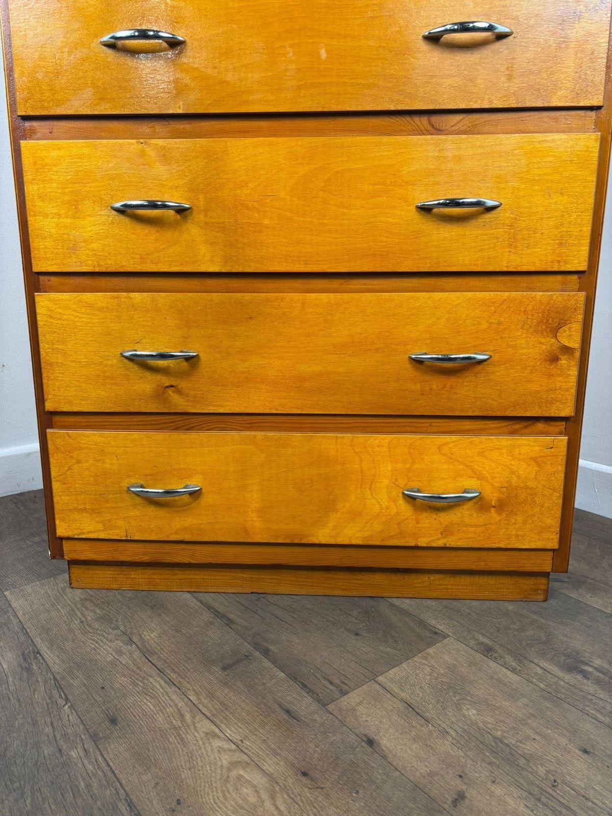 photo for sale Mid Century Oak Veneer Five Drawer Bedroom Chest