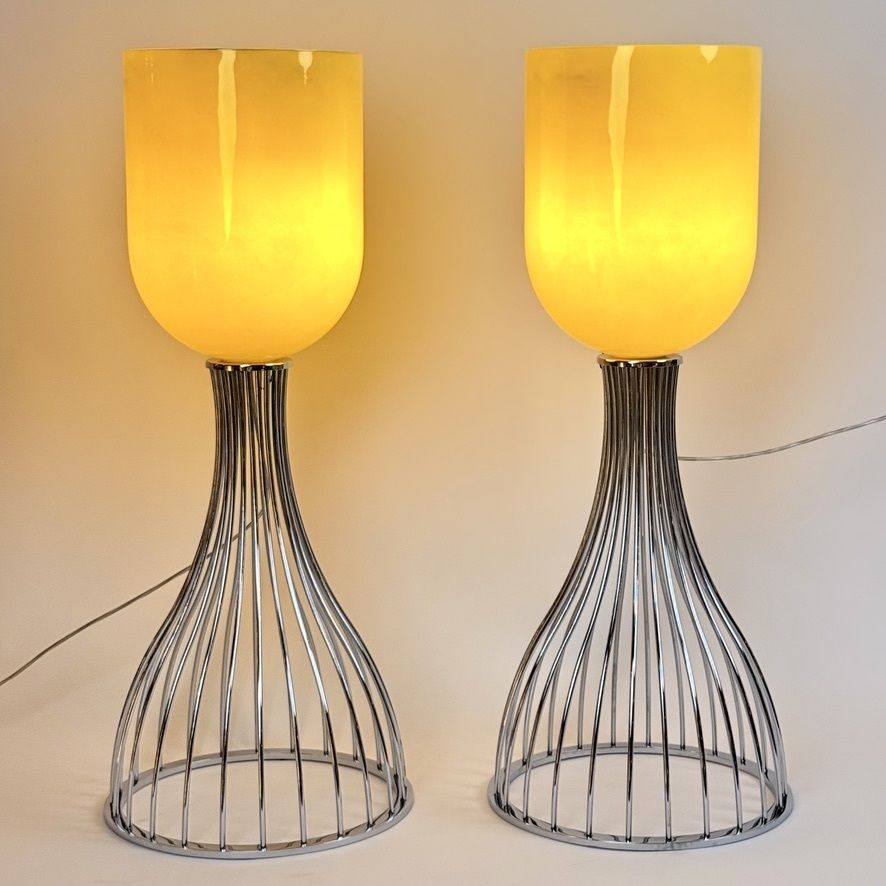 Paar chromen tafellampen met geel Murano-glas van Vistosi, jaren 1990