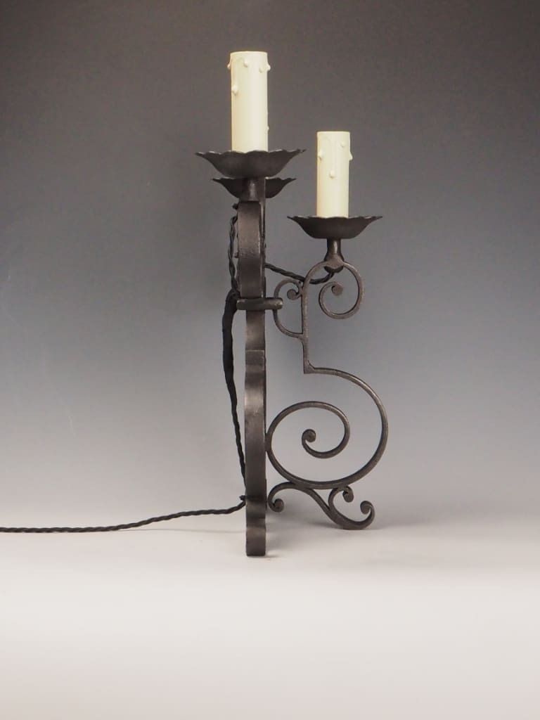 Pair Of Antique French Wrought Iron Mantel Or Sideboard Lamps – Triple Light Design photo vintage