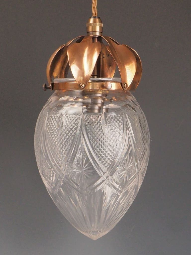 Antique Pendant Light With Cut Glass Crystal Globe & Copper Leaf Gallery