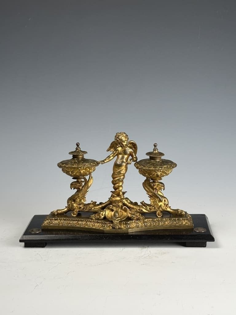 Antique Gilt Bronze & Ebony Inkstand – 19th Century Desk Accessory photo furniture