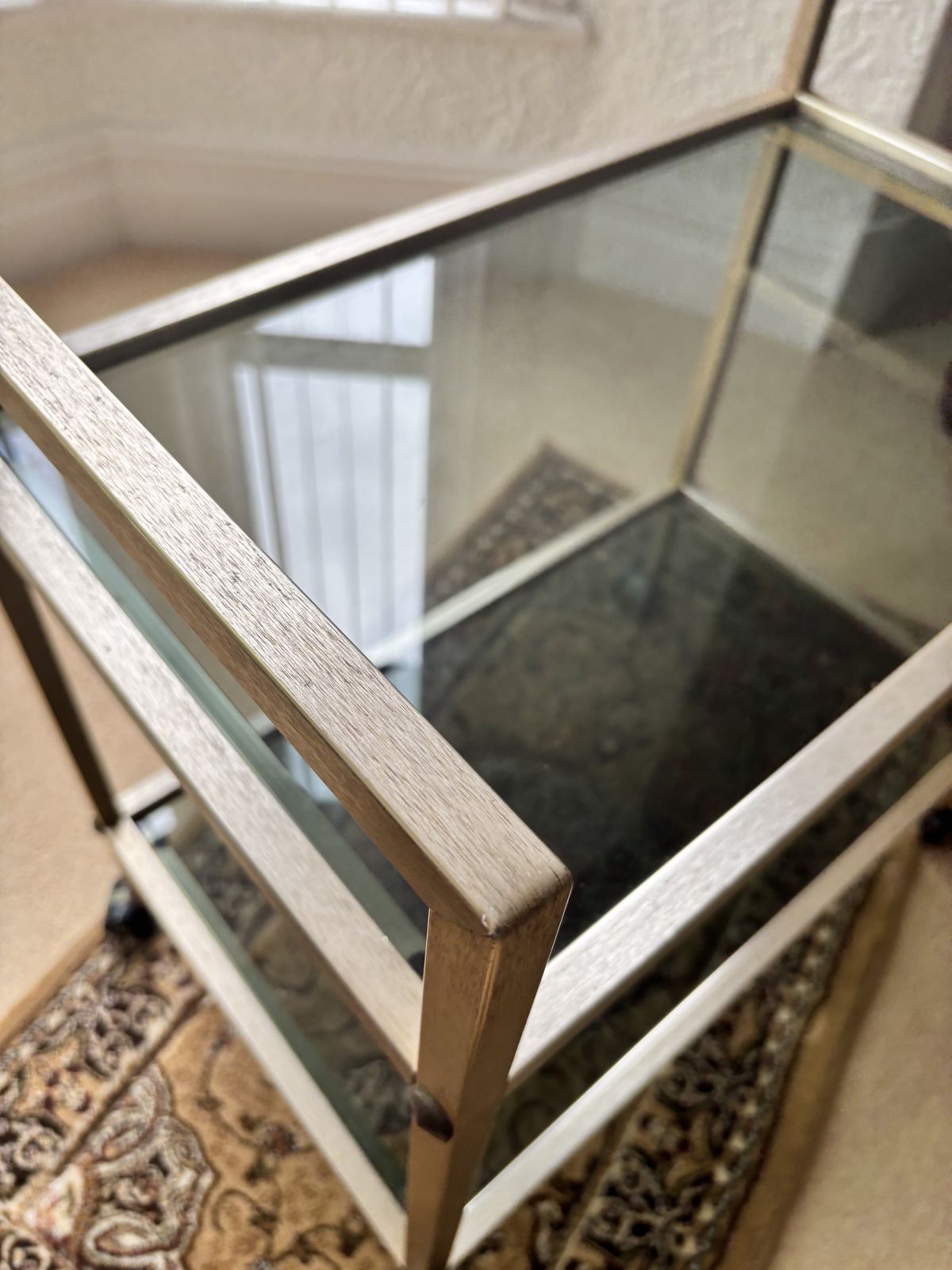 Mid Century Brushed Brass/Chrome With 2 Smokey Glass Shelves photo furniture