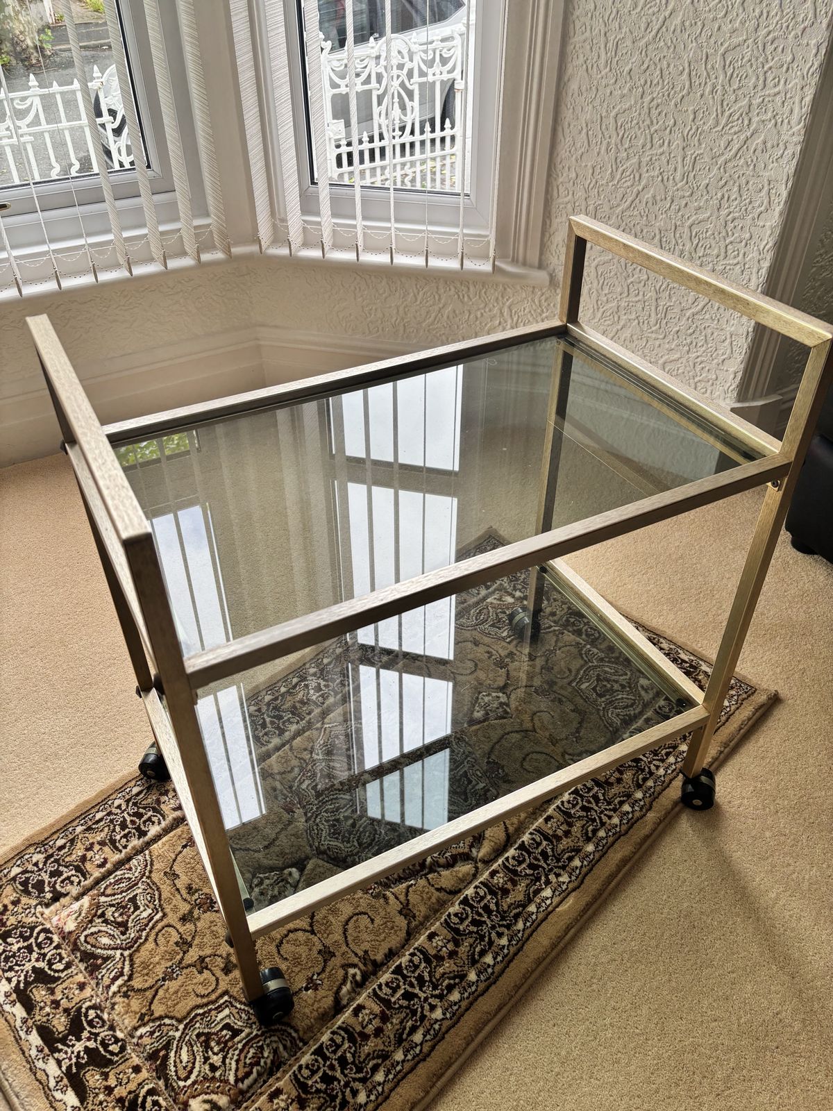 Mid Century Brushed Brass/Chrome With 2 Smokey Glass Shelves photo for sale