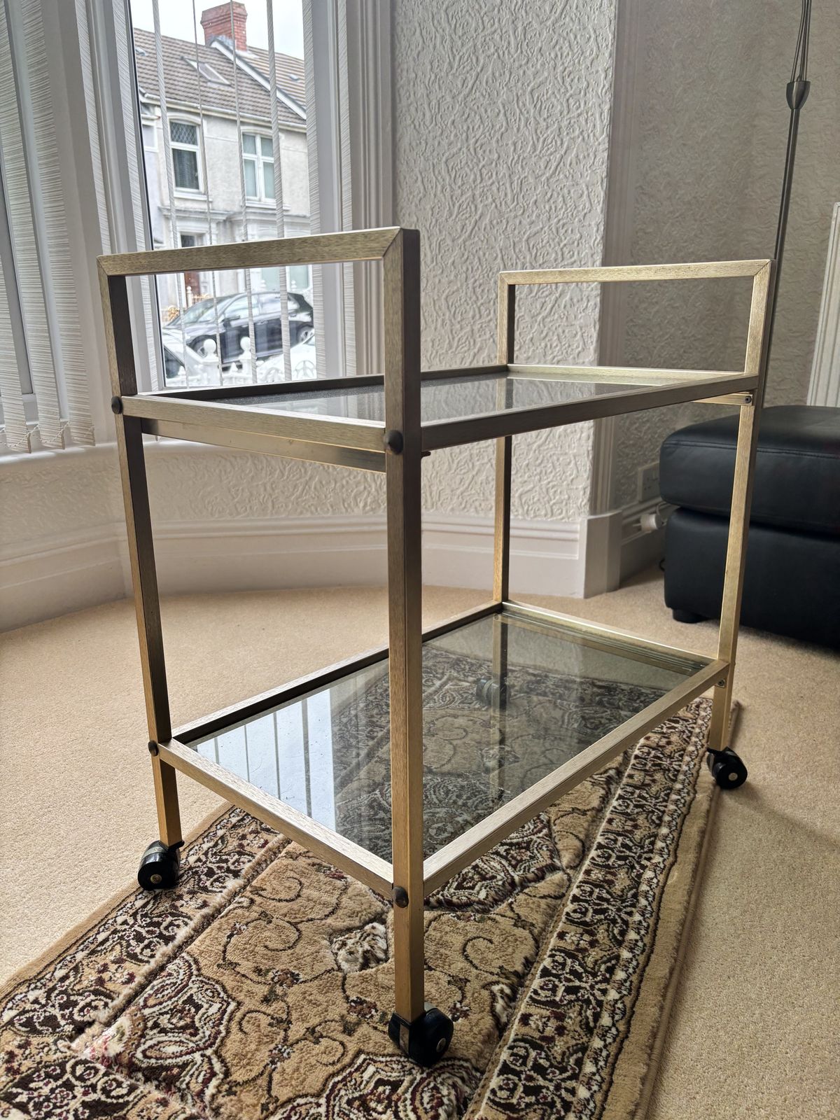 Mid Century Brushed Brass/Chrome With 2 Smokey Glass Shelves photo Furniture