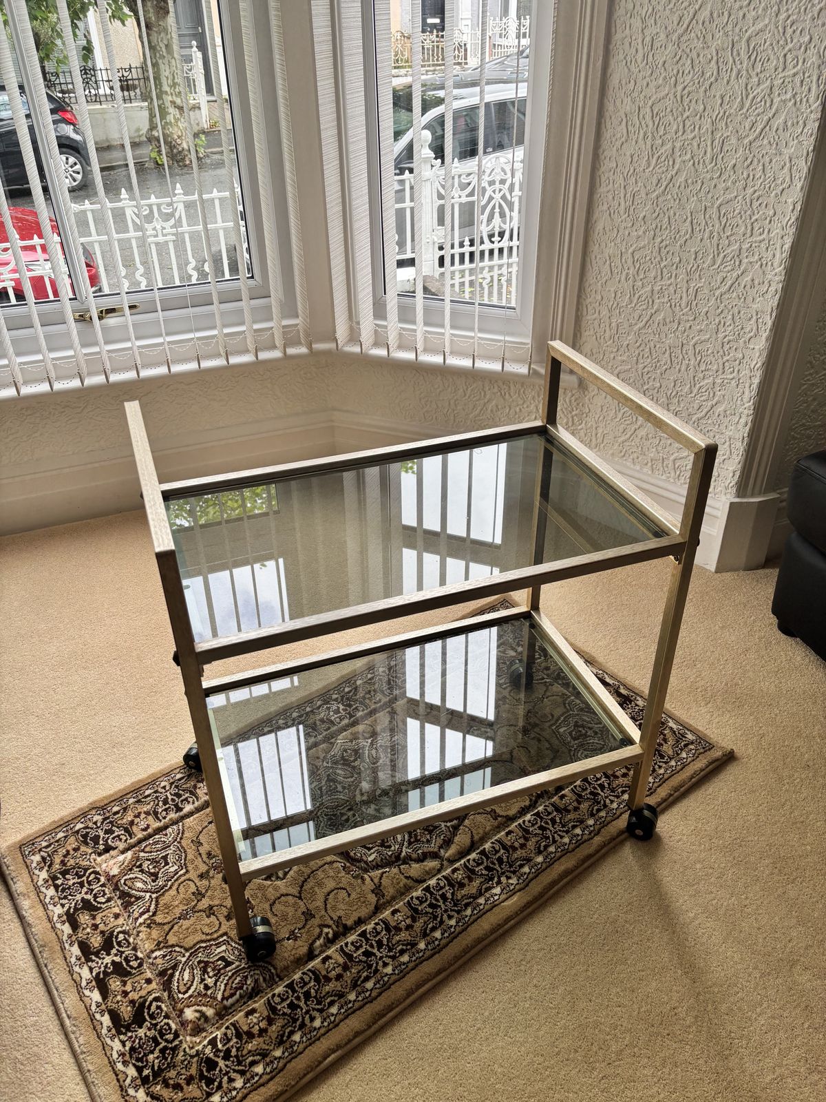 Mid Century Brushed Brass/Chrome With 2 Smokey Glass Shelves photo vinterior