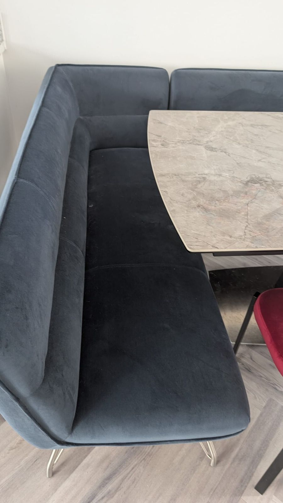 Davina Ceramic Extending Corner Bench Dining Set Velvet Blue And 3x Velvet Raspberry Chairs photo for sale