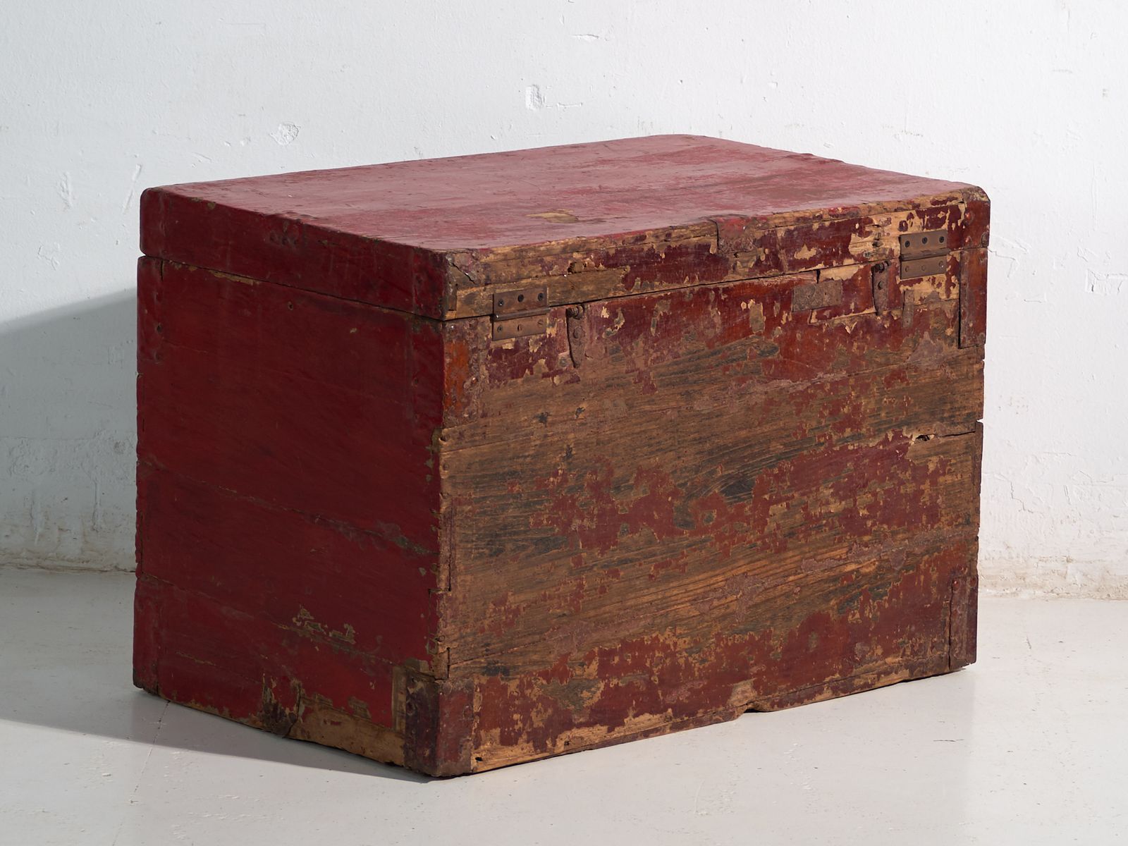 photo for sale Antique Vermilion Red Painted Trunk In Pine Wood – China, Circa 1900