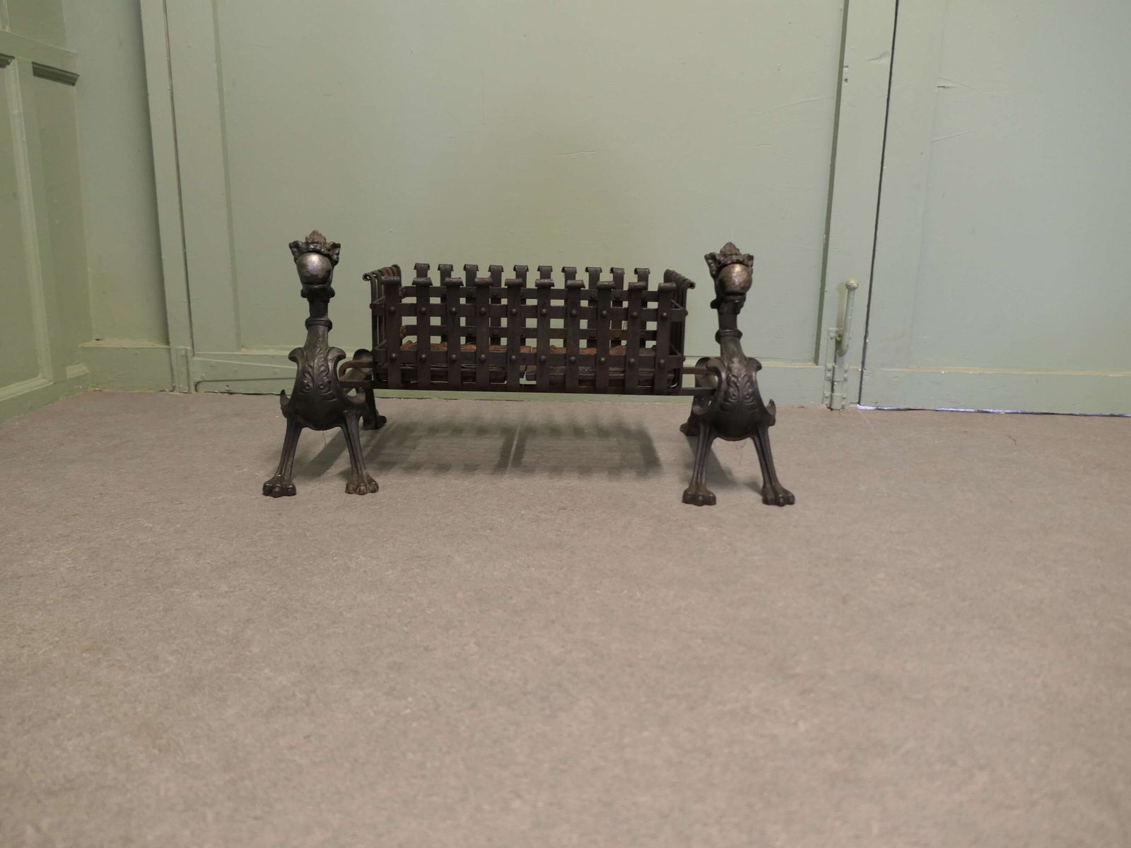 Gothic Inglenook Grate Set On Dragon Andirons These Are Heavy Iron Andirons photo furniture