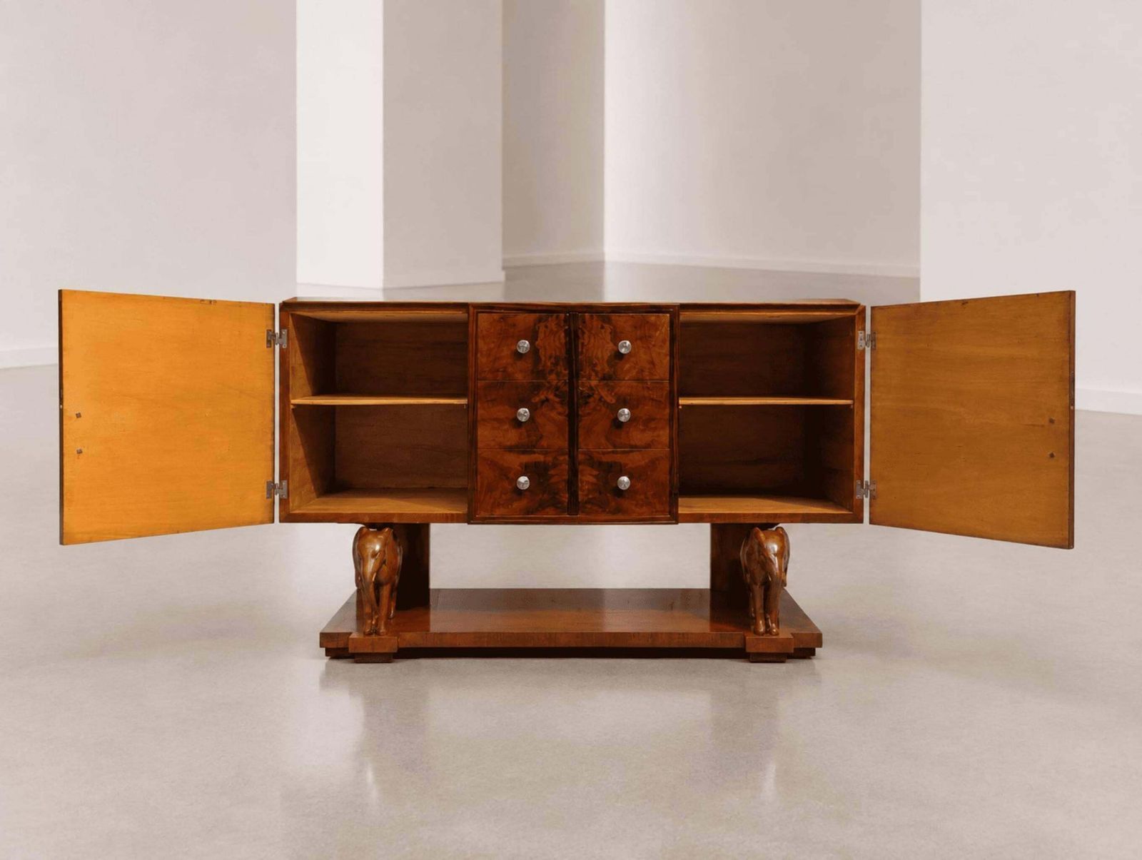 10848.0 Sicilian Art Deco Sideboard Drawers Wood With Hand Carved Elephants, 1930s photo