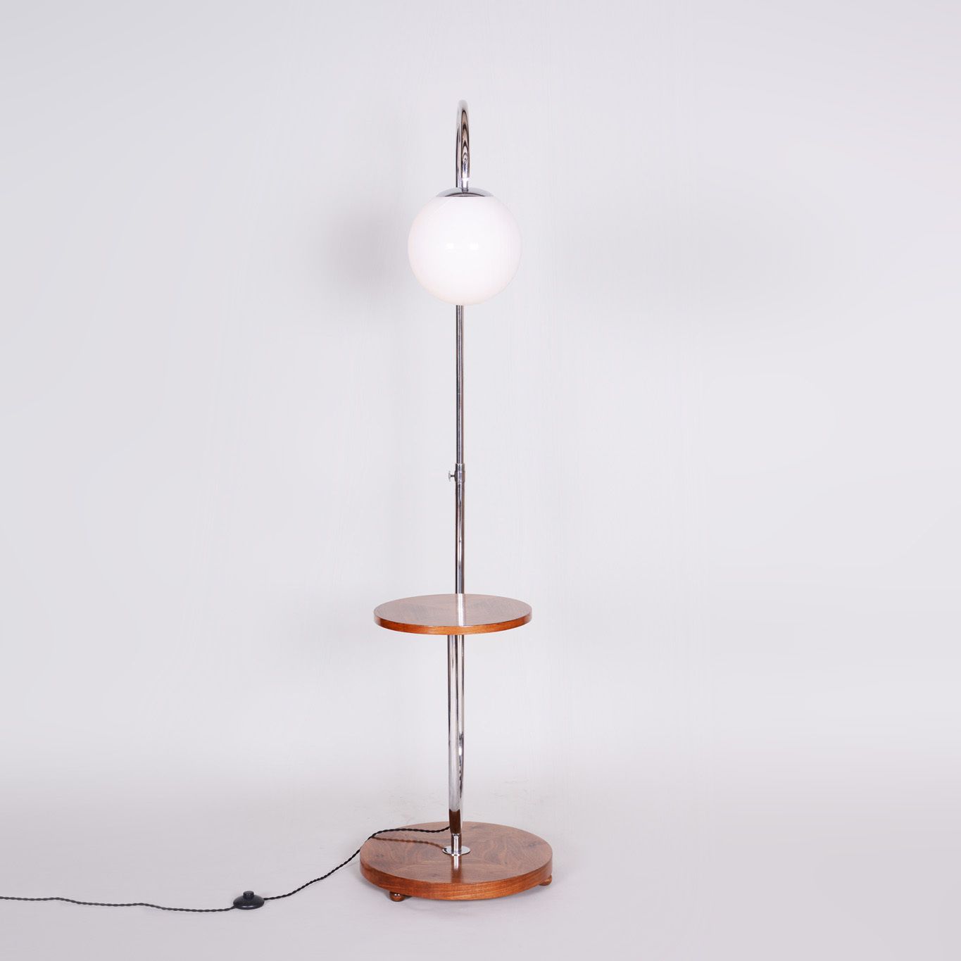 Restored Bauhaus Floor Lamp, By R. Slezak, Walnut, Chrome, Glass, Czech, 1930s photo Lighting