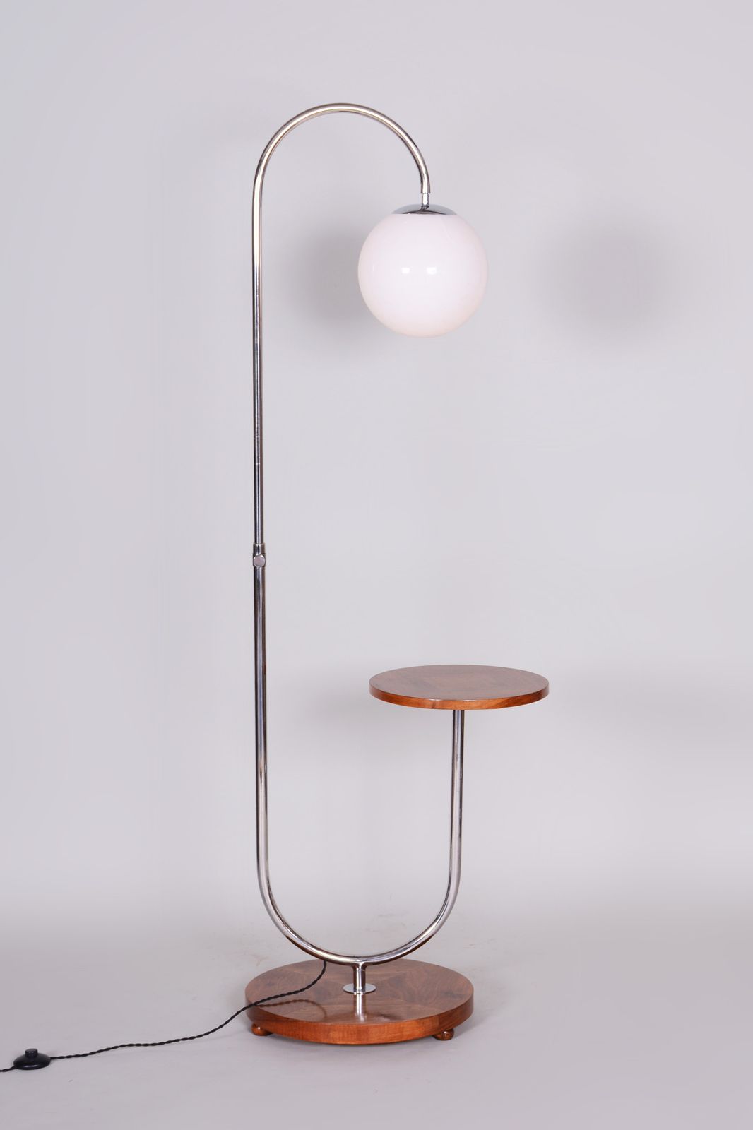 Restored Bauhaus Floor Lamp, By R. Slezak, Walnut, Chrome, Glass, Czech, 1930s