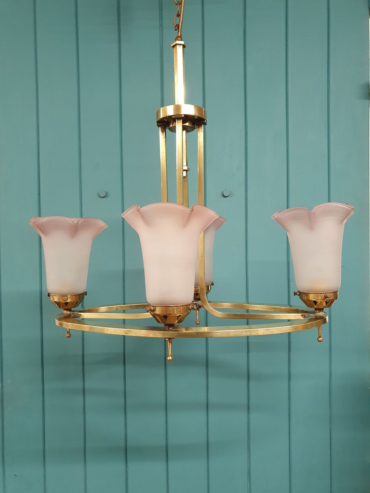 Art Deco Brass & Glass Four Light Chandelier 22"