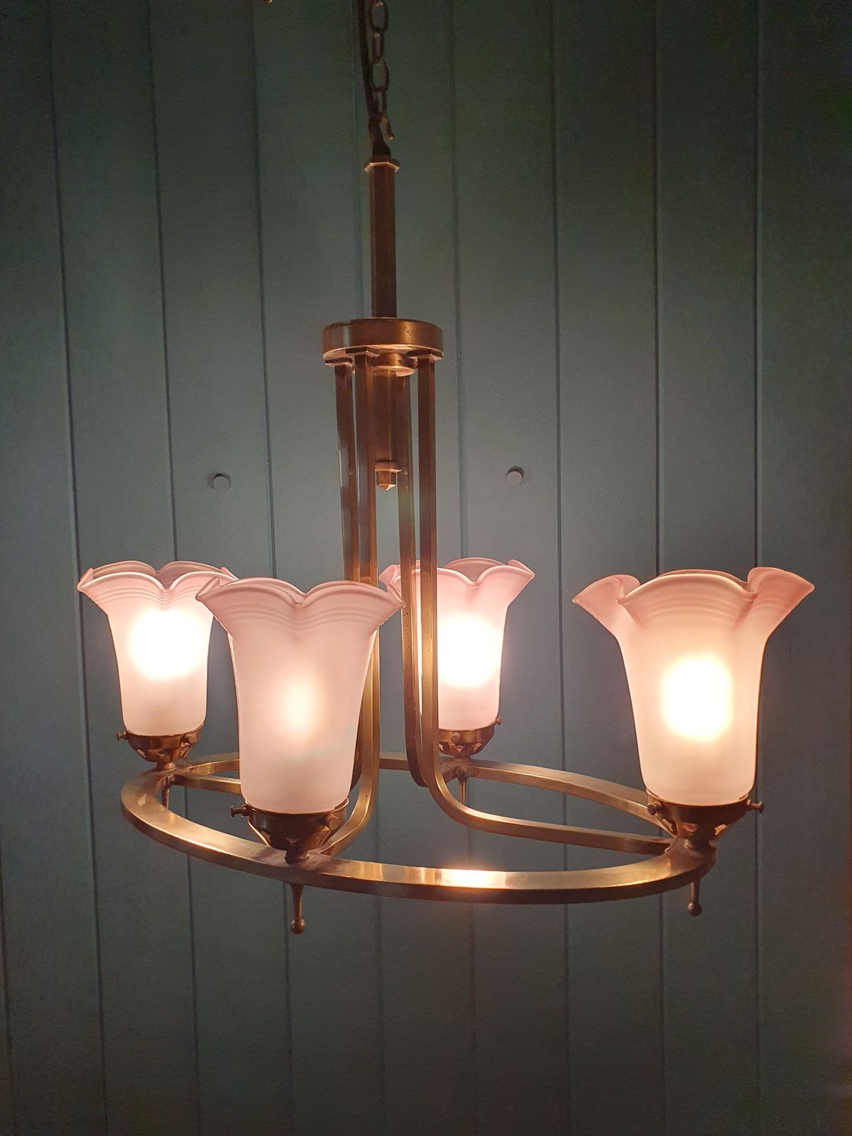 Art Deco Brass & Glass Four Light Chandelier 22" photo furniture
