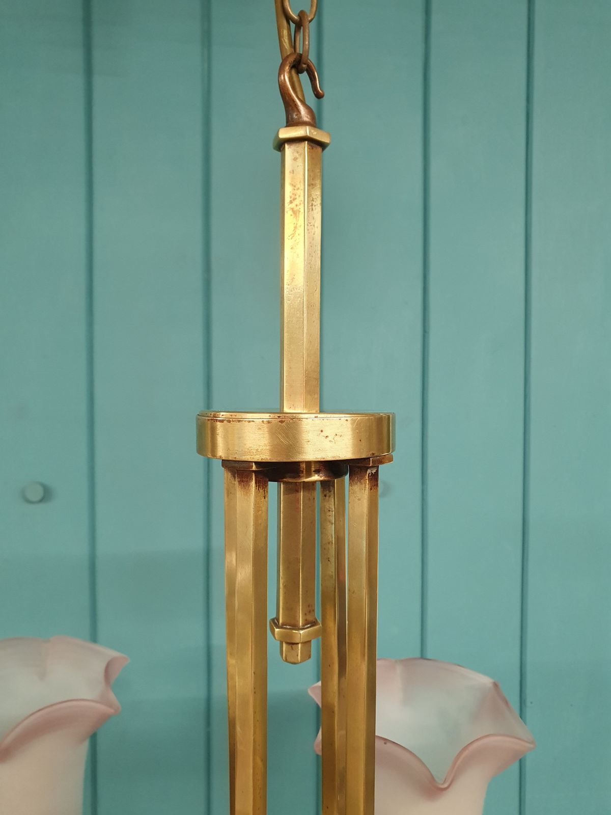 Art Deco Brass & Glass Four Light Chandelier 22" photo for sale