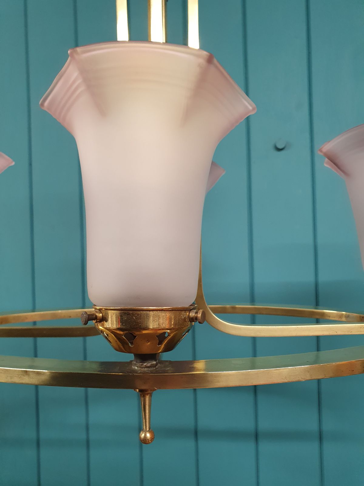 Art Deco Brass & Glass Four Light Chandelier 22" photo Lighting